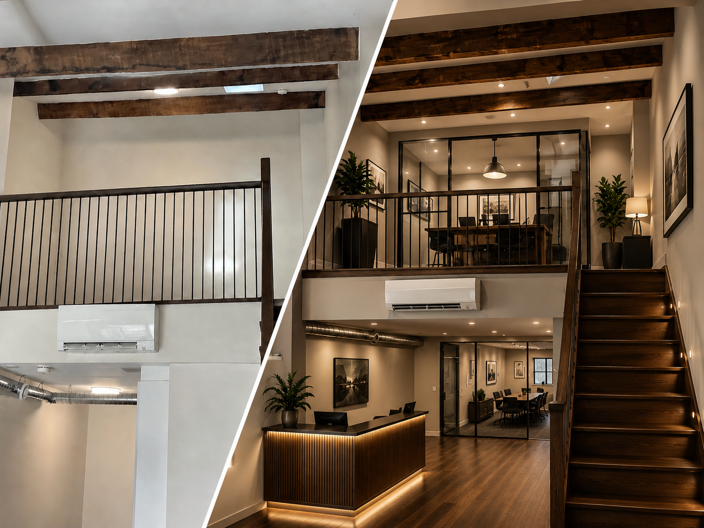 Before and after commercial loft renovation with exposed wood beams and staircase in Hamilton Ontario